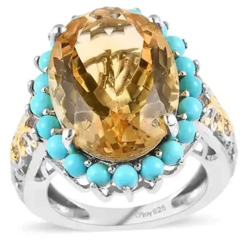 Brazilian Citrine Sleeping Beauty Turquoise Halo Ring Vermeil YG & Platinum O/SS